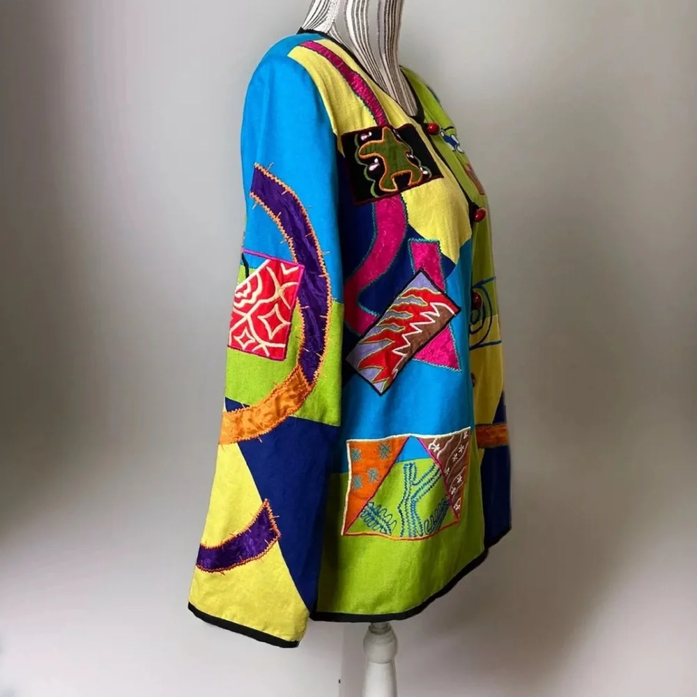 Womens Patchwork Indigo Moon embroidered jacket size L Flax  Bohemian Art - Picture 3 of 5